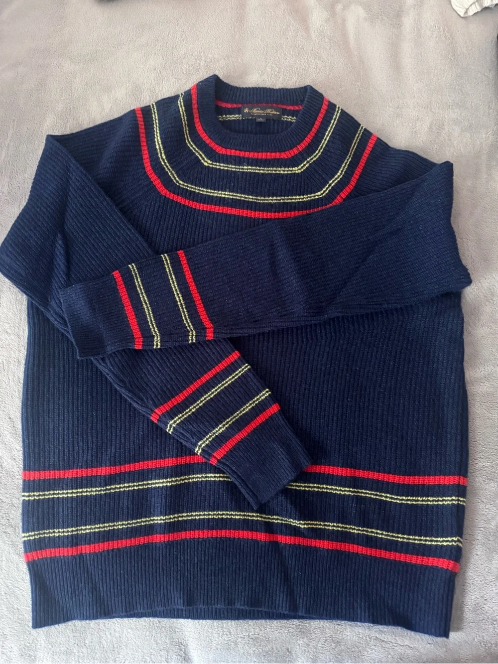 Brooks Brothers Navy Crewneck Sweater with Red and Yellow Stripes
